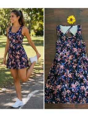 We Wander Floral Athletic Skater Dress with Pink Accents